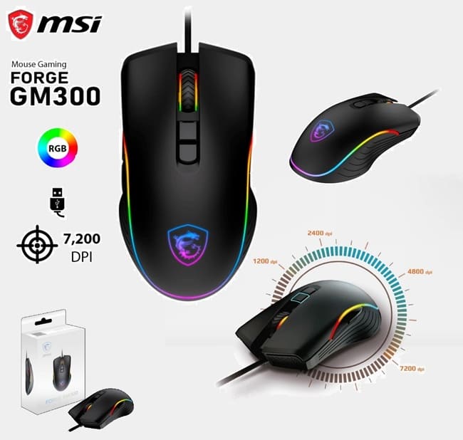 MSI FORGE GM300 Gaming Wired RGB Mouse , USB 2.0 INTERFACE , Adjustable  Optical SENSOR 7200 DPI , 10 Million Clicks Micro Switch , 7 BUTTONS –  Supports Windows | Black – MAJ 191