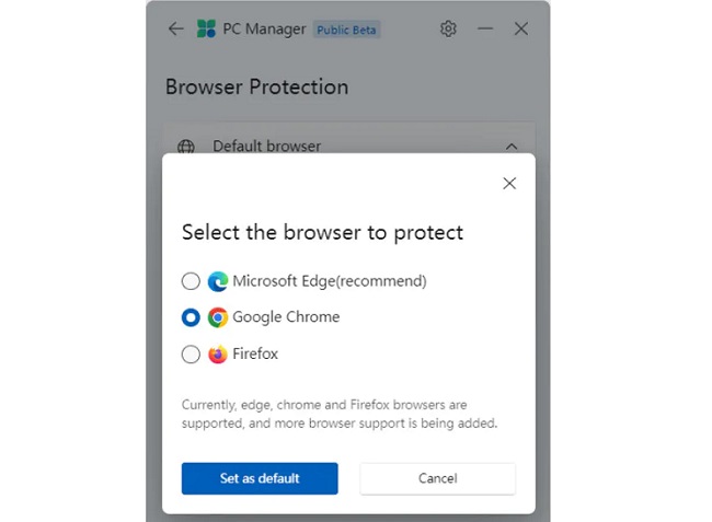 امکان انتخاب مرورگر مناسب در برنامه PC Manager