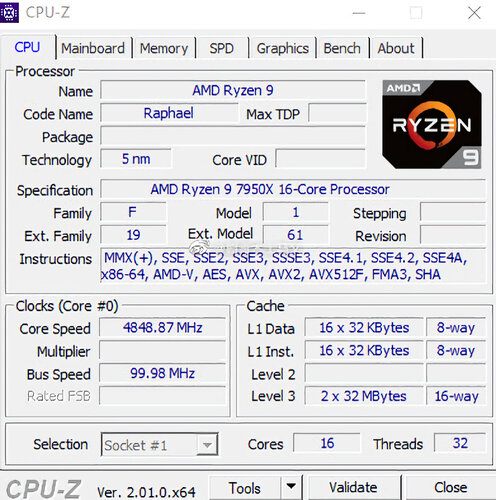 اسکرین شات از فرکانس پردازنده Ryzen 9 7950x در cpu-z