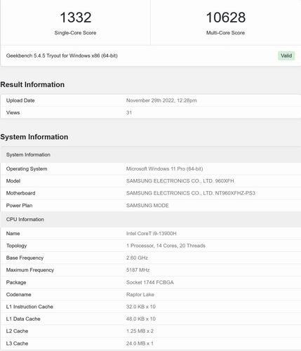 بنچمارک پردازنده Core i9-13900h
