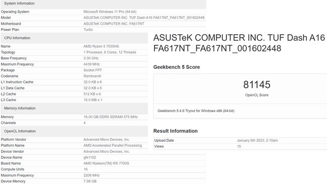 بنچمارک گرافیک Radeon RX 7700S موبایل