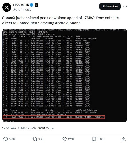 سرعت دانلود اینترنت ماهواره‌ای موبایل اسپیس ایکس در آزمایش‌ها