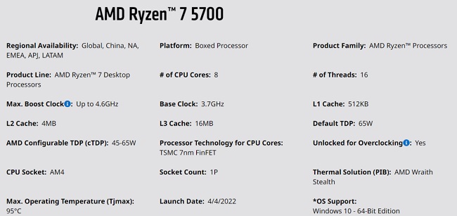 مشخصات پردازنده Ryzen 5 5700