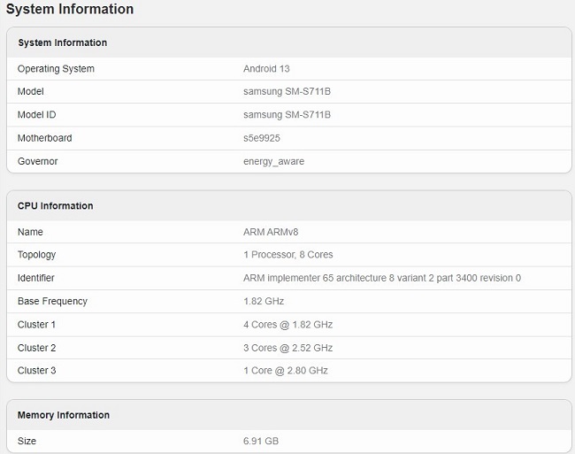 بنچمارک Geekbench از گوشی گلکسی اس 23FE