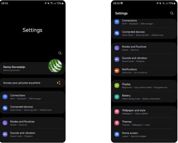 منوی تنظیمات جدید رابط کاربری One UI 6
