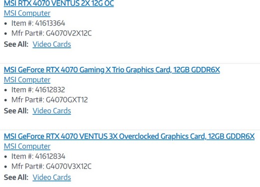 مشخصات کارت های گرافیک سفارشی RTX 4070 ام اس آی