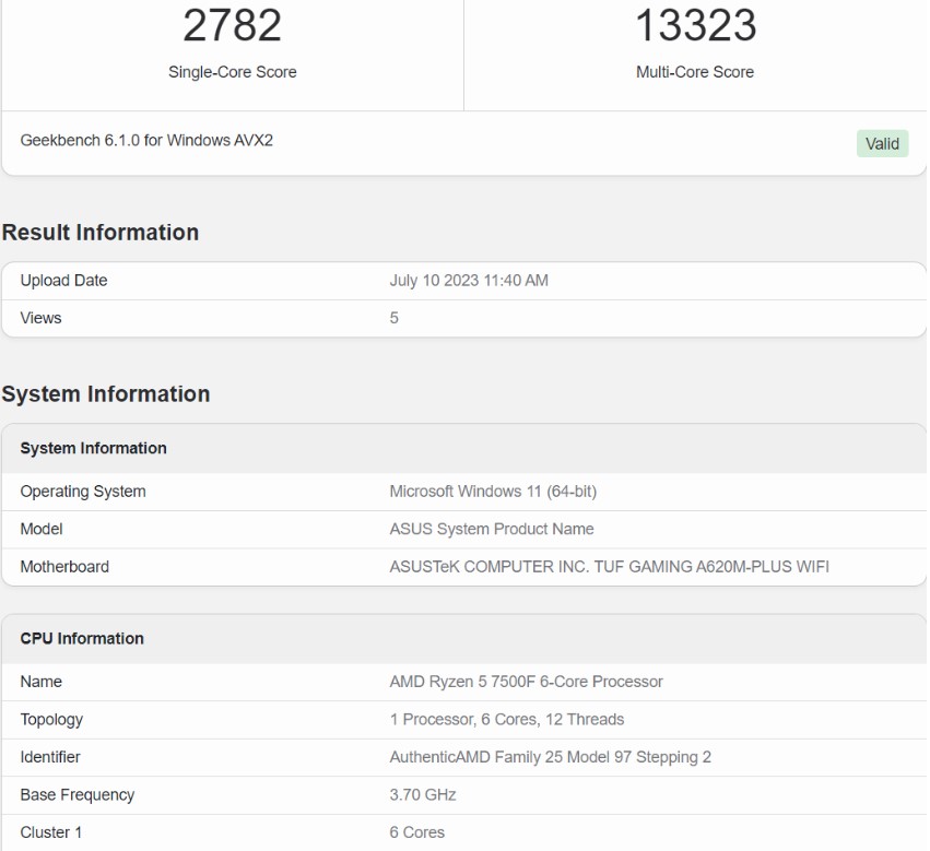 نتایج بنچمارک پردازنده Ryzen 5 7500F