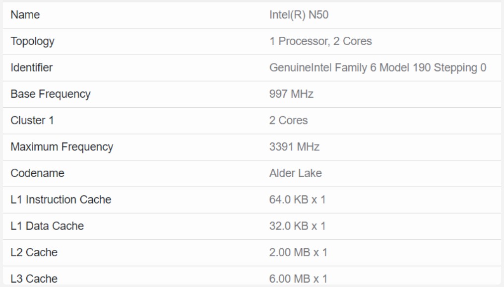 مشخصات پردازنده N50 اینتل