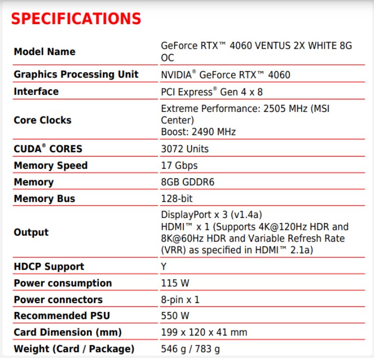 مشخصات کارت گرافیک Ventus 2X White