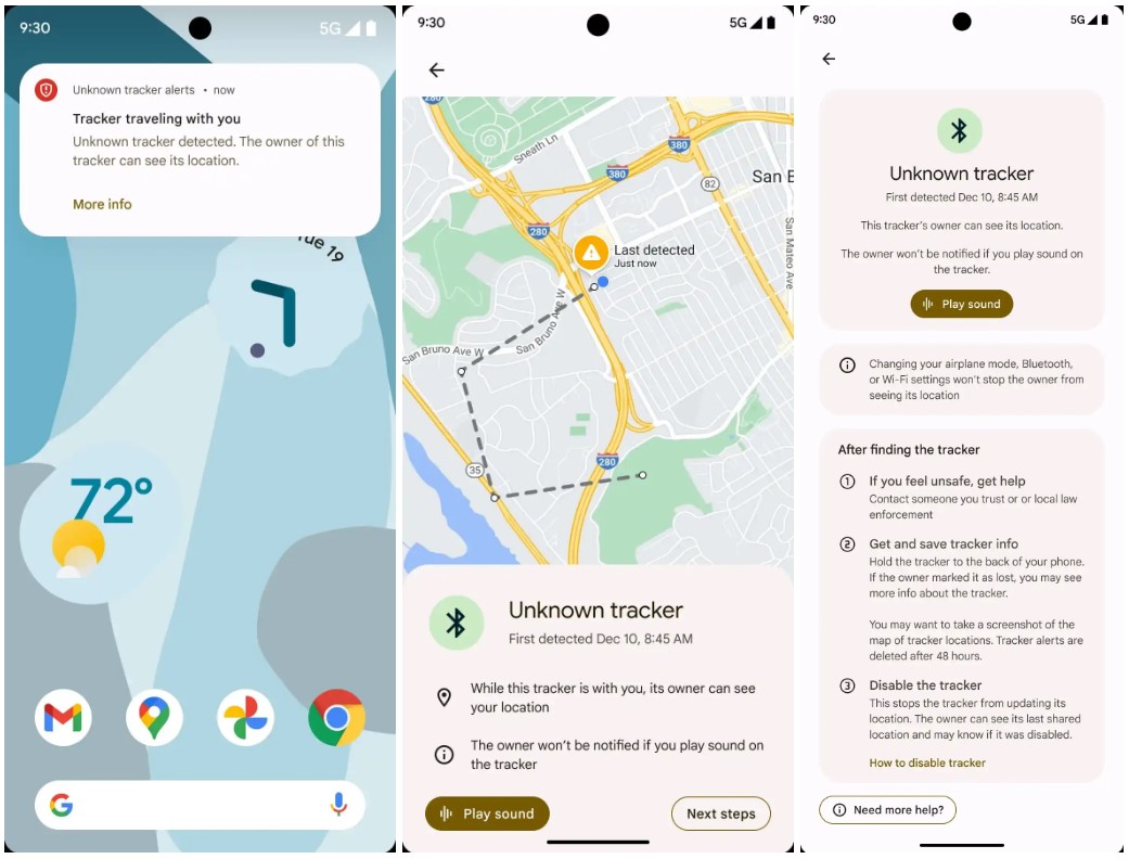 شناسایی یک ردیاب توسط ابزار Unknown Tracker Alerts گوگل