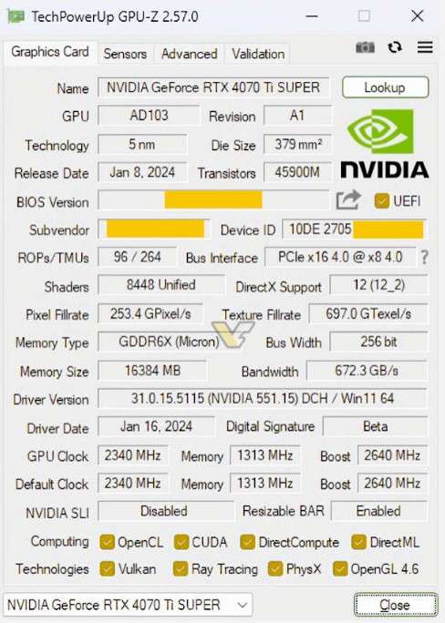 مشخصات کارت گرافیک RTX 4070 Ti Super انویدیا