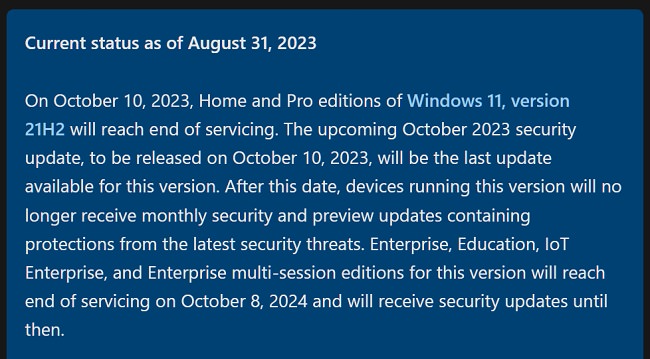 پایان پشتیبانی از نسخه 21H2 ویندوز ۱۱