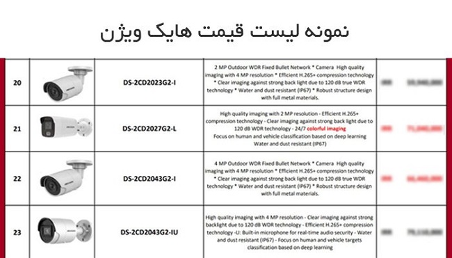 نمونه لیست قیمت هایک ویژن