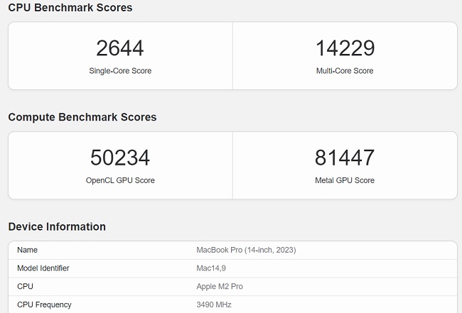 نتایج تست تراشه Apple M2 Pro در گیکبنچ