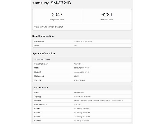 بنچمارک تراشه اگزینوس 2400 در گوشی گلکسی S24FE