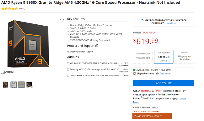 کاهش قیمت پردازنده Ryzen 9 9950X