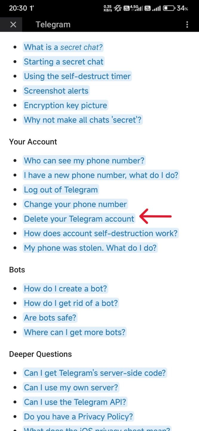 دیلیت اکانت تلگرام از طریق گوشی