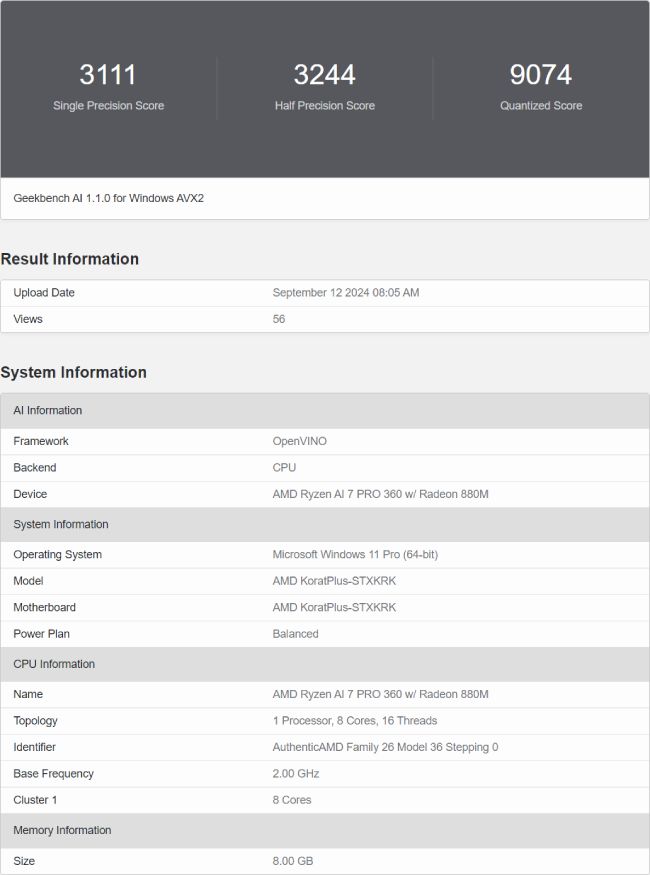 بنچمارک تراشه Ryzen AI 7 PRO 360