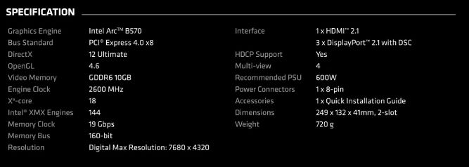 مشخصات کارت گرافیک Arc B570 اینتل