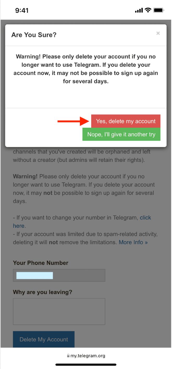 دیلیت اکانت تلگرام از طریق گوشی