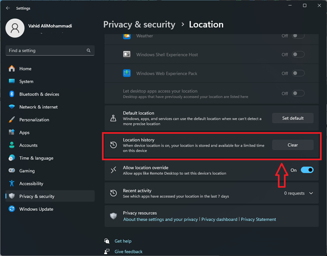 حذف کش مکان یا Location Cache در ویندوز 11