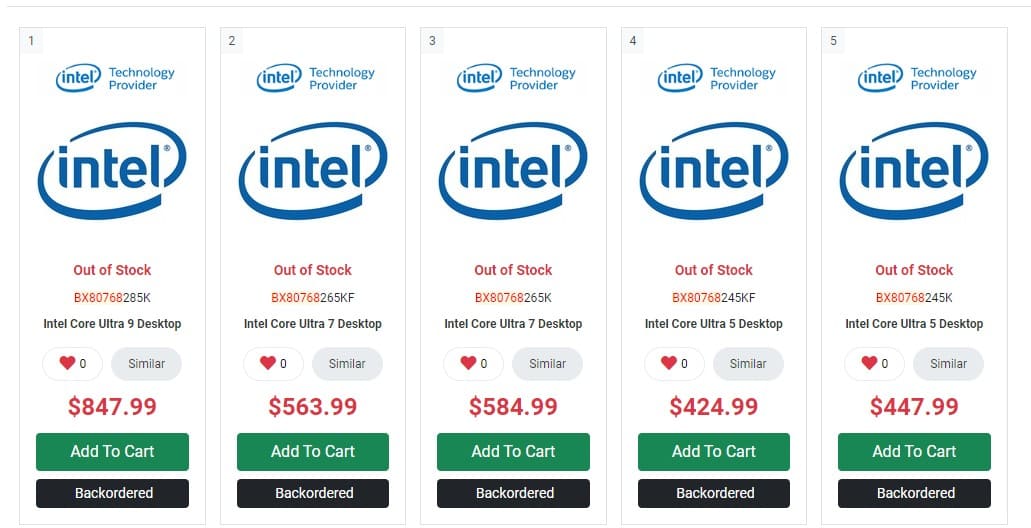 قیمت پردازنده‌های دسکتاپ Arrow Lake اینتل