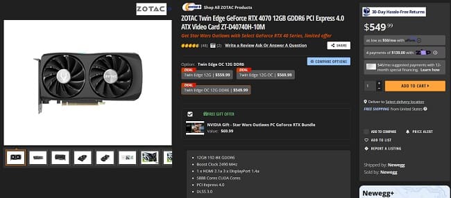 کارت گرافیک RTX 4070 با تراشه GDDR6 از برند Zotac