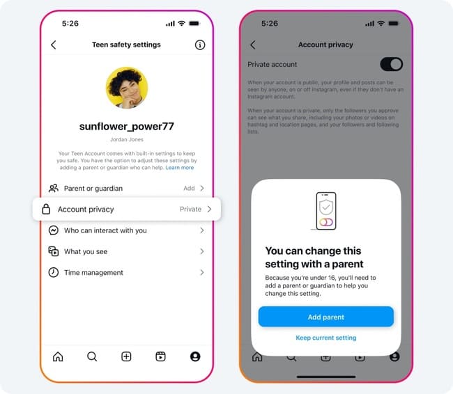 تغییر تنظیمات Teen Accounts