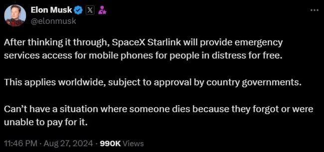 پست Elon Musk در رابطه با سرویس تماس اضطراری استارلینک