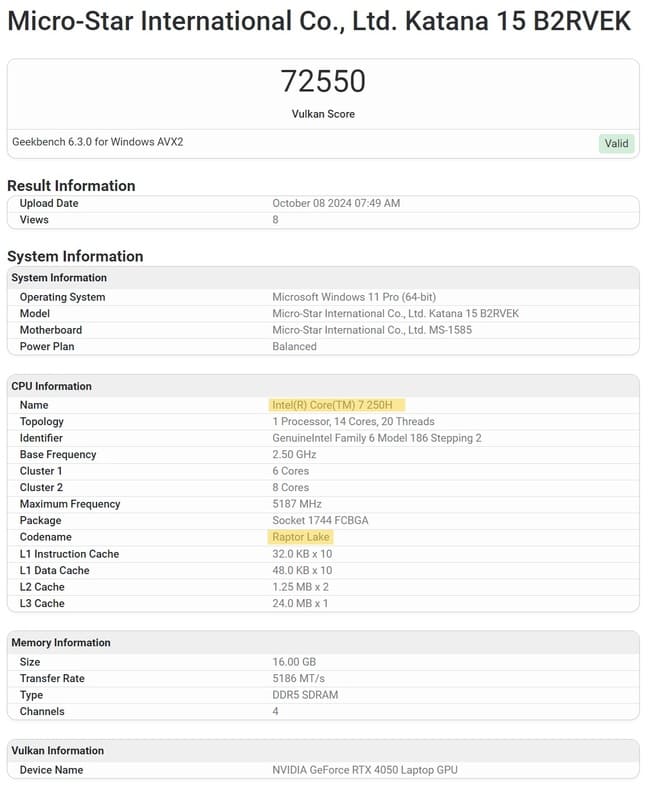 نتایج Geekbench لپ‌تاپ MSI Katana 15 B2RVEK