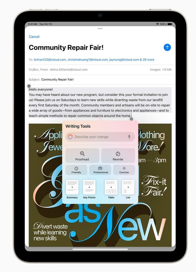 قابلیت هوش مصنوعی Writing tools اپل در iPad mini 7