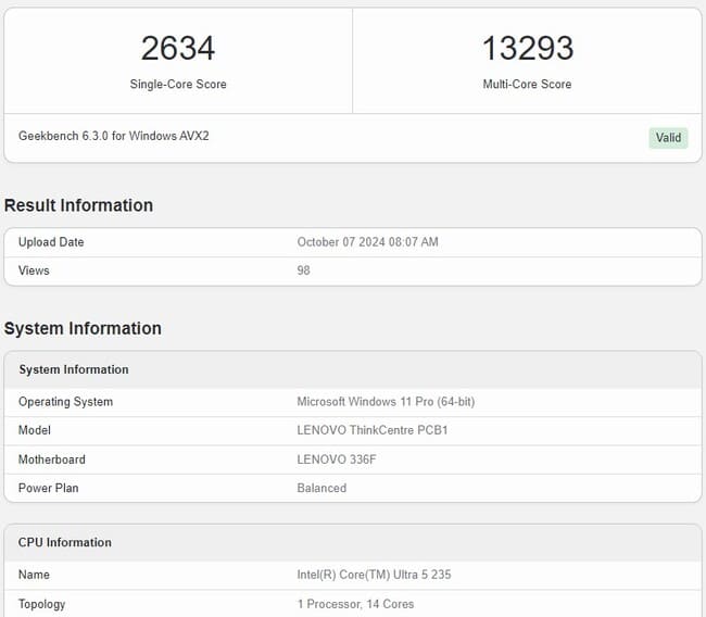 نتایج Ultra 5 235  در بنچمارک Geekbench