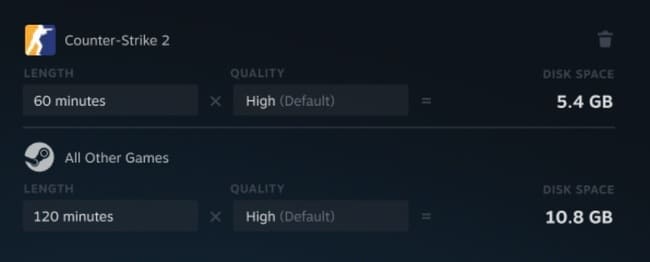تنظیمات مربوط به کیفیت ضبط در Steam Game Recording