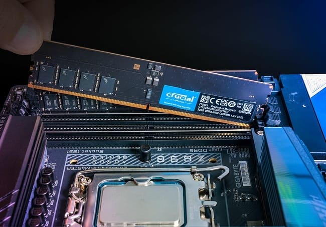 رم CUDIMM کروشال در حال نصب روی مادربرد اینتل