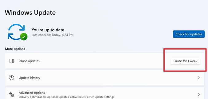 به تأخیر انداختن بروزرسانی ویندوز ۱۱