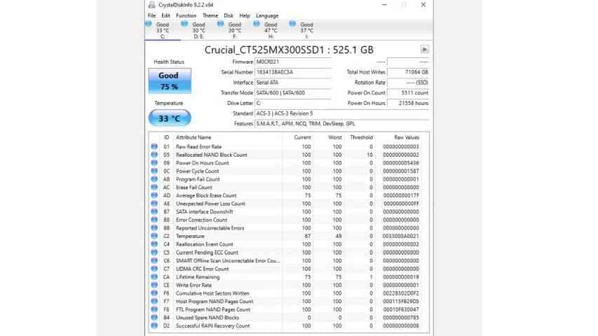 تست سلامت سیستم با crystaldiskinfo
