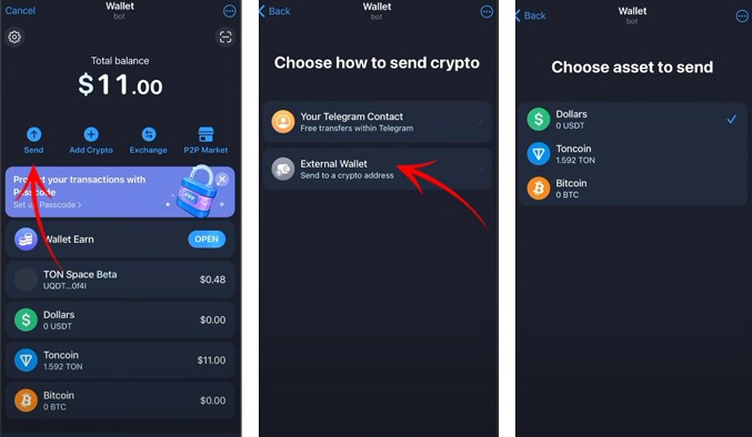 نحوه ارسال رمزارز کیف پول تلگرام