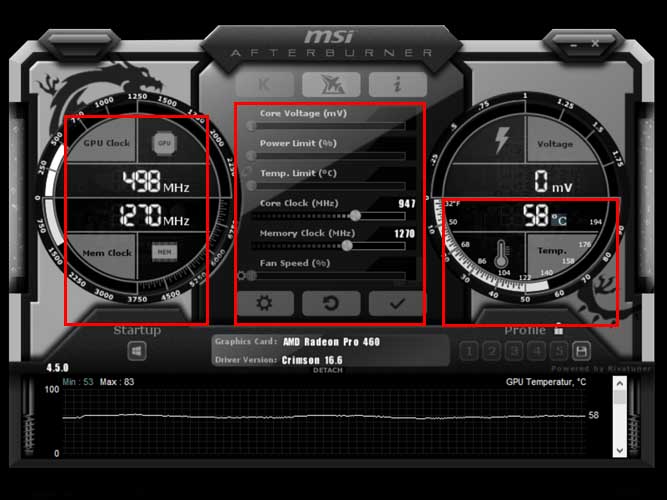 صفحه اصلی نرم افزار MSI Afterburner