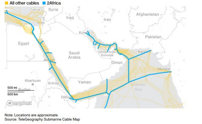 نقشه کابل‌های اینترنت زیردریایی پروژه 2Africa در منطقه خاورمیانه