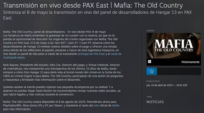 زمان عرضه بازی Mafia The Old Country