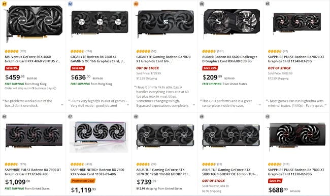 پرفروش ترین کارت های گرافیک بازار