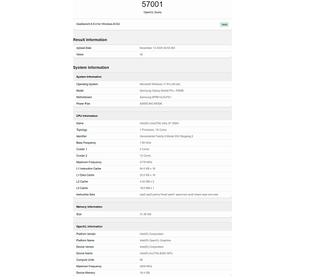 نتایج بنچمارک گرافیک Arc B390 اینتل