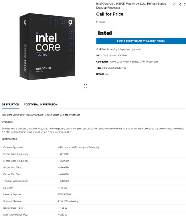 مشخصات پردازنده Core Ultra 9 290K Plus