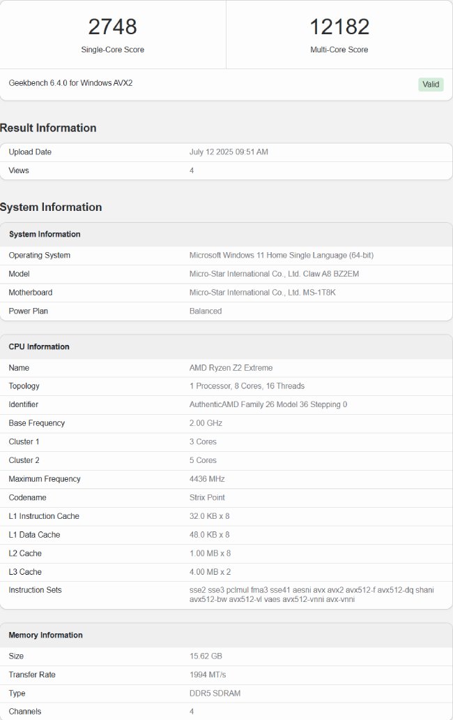 بنچمارک تراشه Ryzen Z2 Extreme