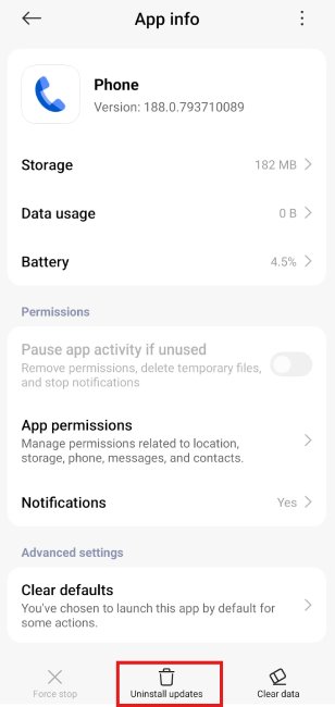 حذف آپدیت اپلیکیشن Phone گوگل