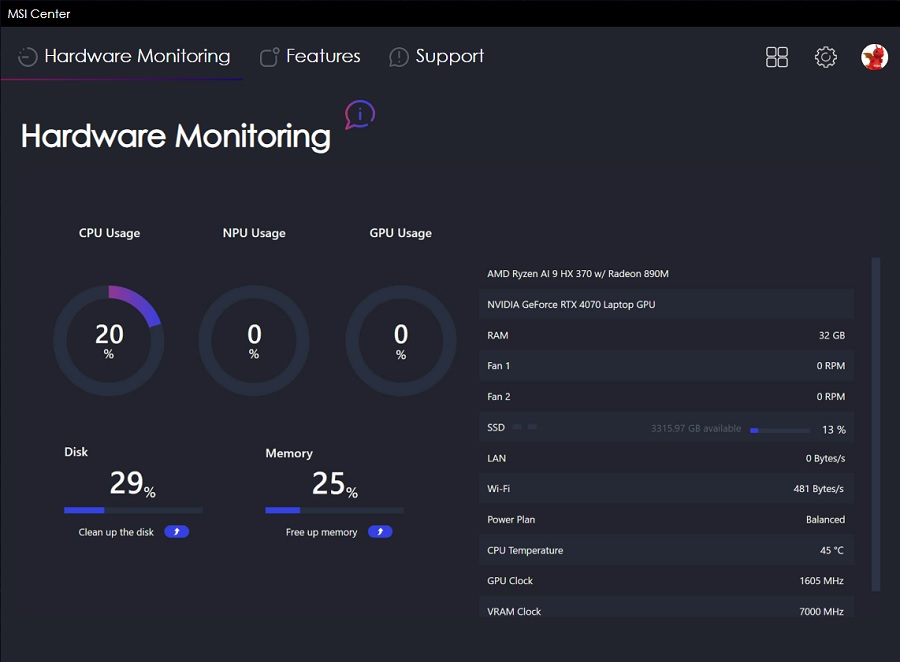 تنظیمات MSI Center