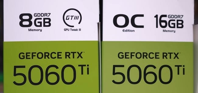 جعبه مدل‌ها 8 گیگابایتی و 16 گیگابایتی RTX 5060 Ti در کنار هم