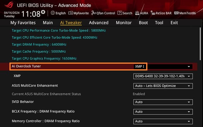 فعال سازی پروفایل حافظه XMP یا EXPO در بایوس ایسوس حالت Advanced