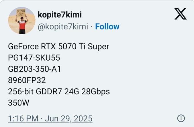 پست توئیتری افشای اطللاعات RTX 5070 TI SUPER