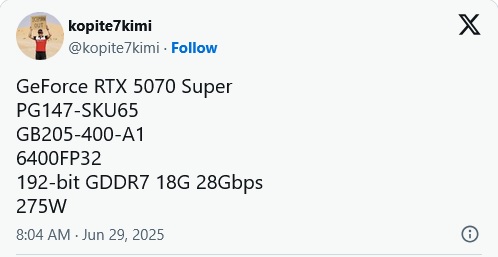 پست توئیتر Kopite7kimi از مشخصات RTX 5070 Super